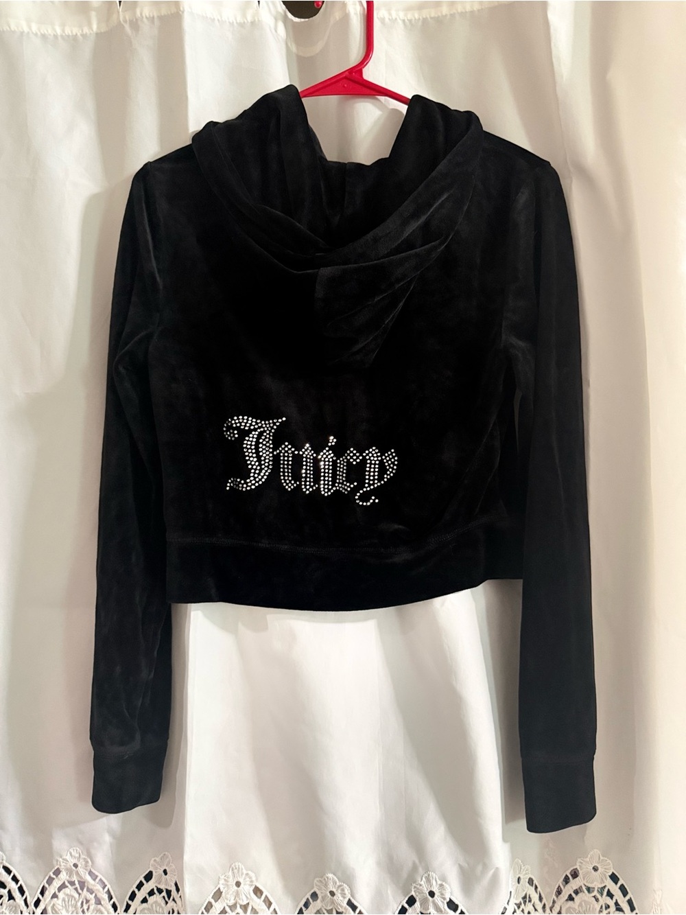 Juicy Couture Black Velour Rhinestone Logo Cropped Hoodie